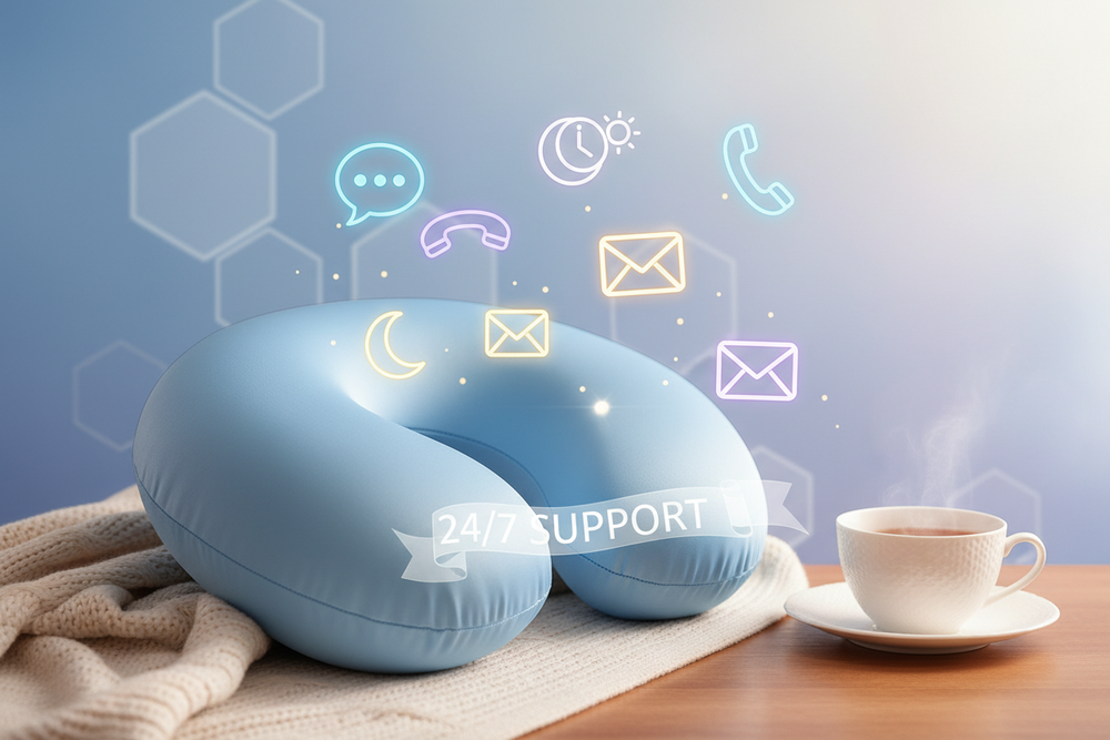 create me an image that signify reach out anytime with us, easy to connect with and very engaging and connects with neck pillow.