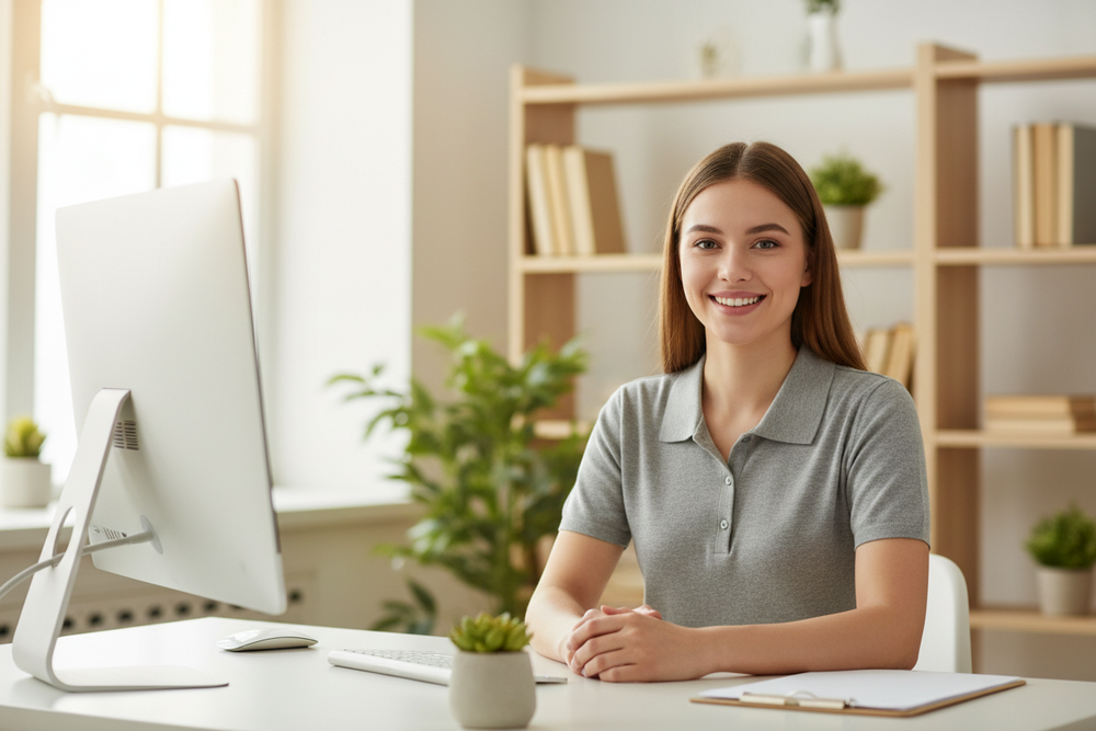 make me an image about contact image, using real person that is very trust worthy and easy to connect with. just perfect for a product that sells neck pillow that help students not just get comfy and fix their neck problems.